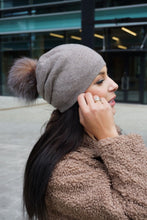 Load image into Gallery viewer, Brown Knitted Cashmere and Wool Hat with Brown Pompom
