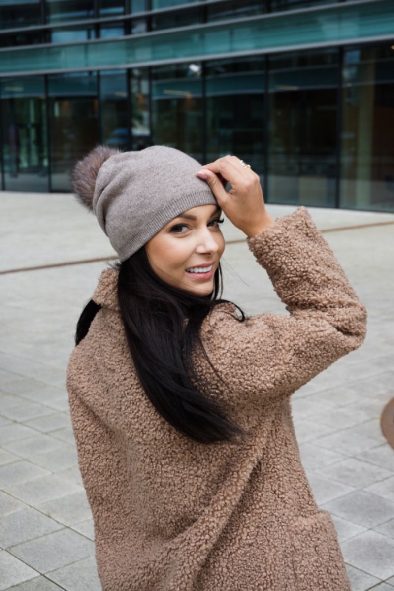 Brown Knitted Cashmere and Wool Hat with Brown Pompom