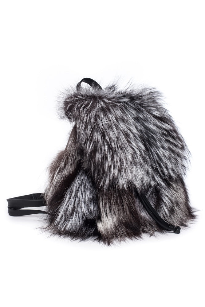 Backpack from Fox Fur Blue Silver / Kuprinė iš lapės kailio, sidabras