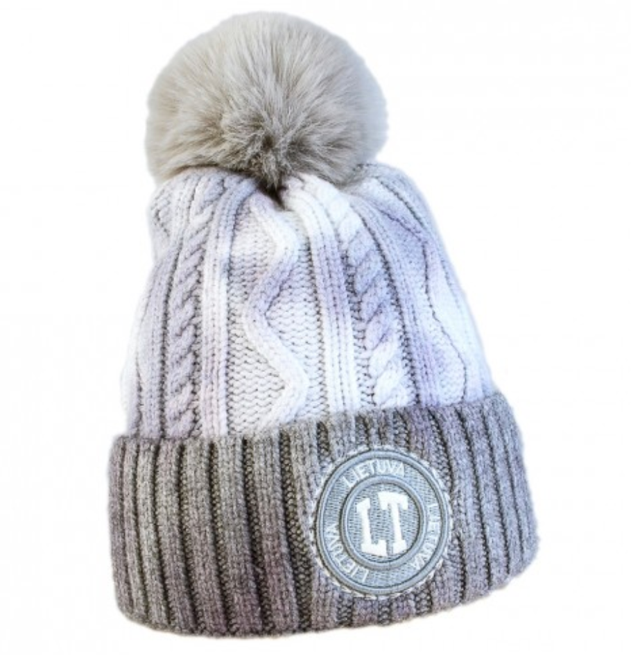 Gray soft acrylic winter hat with pompom Lietuva // Pilka švelnaus akrilo trumpa žieminė kepurė su bumbulu Lietuva