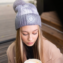 Load image into Gallery viewer, Gray soft acrylic winter hat with pompom Lietuva // Pilka švelnaus akrilo trumpa žieminė kepurė su bumbulu Lietuva
