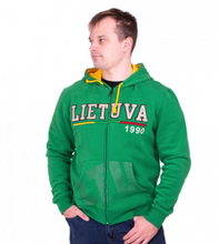 Load image into Gallery viewer, Green hoodie with zipper &amp; hood &quot;Lietuva 1990&quot; // Žalias džemperis su užtrauktuku ir kapišonu &quot;Lietuva 1990&quot;
