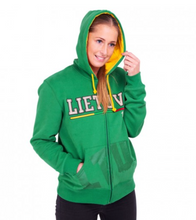 Load image into Gallery viewer, Green hoodie with zipper &amp; hood &quot;Lietuva 1990&quot; // Žalias džemperis su užtrauktuku ir kapišonu &quot;Lietuva 1990&quot;
