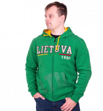 Load image into Gallery viewer, Green hoodie with zipper &amp; hood &quot;Lietuva 1990&quot; // Žalias džemperis su užtrauktuku ir kapišonu &quot;Lietuva 1990&quot;
