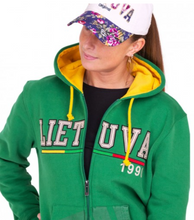 Load image into Gallery viewer, Green hoodie with zipper &amp; hood &quot;Lietuva 1990&quot; // Žalias džemperis su užtrauktuku ir kapišonu &quot;Lietuva 1990&quot;
