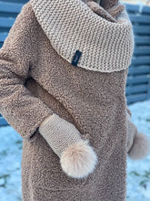 Load image into Gallery viewer, Brown Knitted Wool Hat, Scarf &amp; Mitten Set with Fox Fur Pompoms / Megztas Rudas Vilnonis Komplektas su Lapes Kailio Bumbulais
