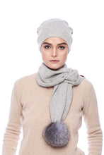 Load image into Gallery viewer, Cashmere and wool scarf grey with pompoms blue silver fox
