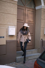 Load image into Gallery viewer, Wool and cashmere poncho beige with sleeves and long collar in golden frost
