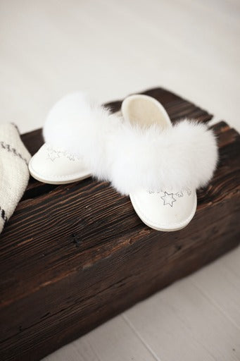 White Sheepskin Slippers with Fox Fur Pompom