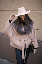 Load image into Gallery viewer, Wool and cashmere poncho beige with sleeves and long collar in golden frost
