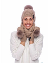 Load image into Gallery viewer, Brown Knitted Wool Hat, Scarf &amp; Mitten Set with Fox Fur Pompoms / Megztas Rudas Vilnonis Komplektas su Lapes Kailio Bumbulais
