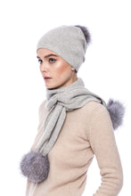 Load image into Gallery viewer, Cashmere and wool scarf grey with pompoms blue silver fox
