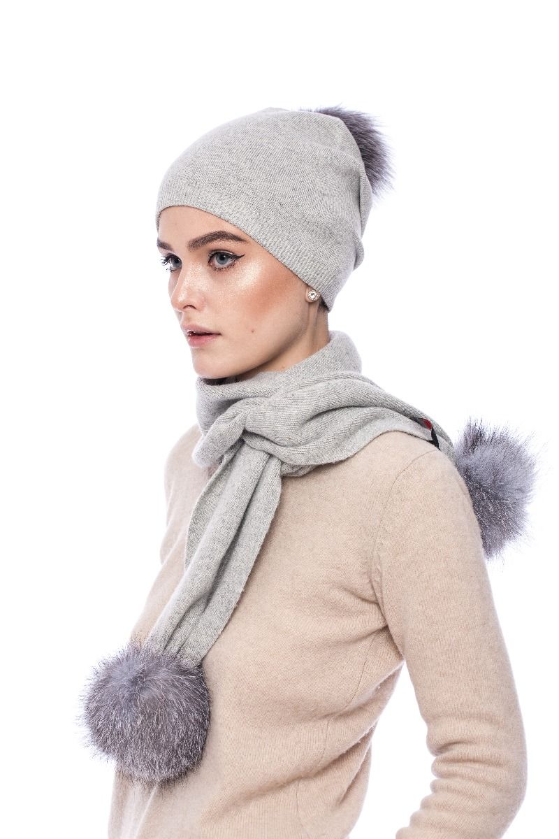 Cashmere and wool scarf grey with pompoms blue silver fox