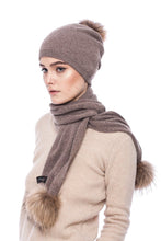 Load image into Gallery viewer, Brown Knitted Cashmere and Wool Hat &amp; Scarf Set with Pompoms / Megztas kašmyro ir vilnos komplektas rudas su kailio bumbulais
