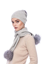 Load image into Gallery viewer, Grey Cashmere and Wool Scarf with Blue Silver Fox Fur Pompoms
