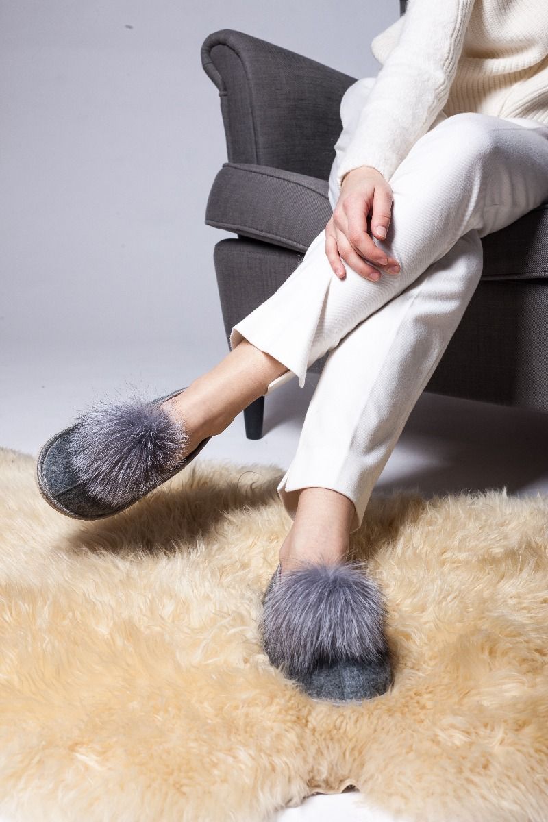 Sheepskin Slippers with Fox Fur Pompom