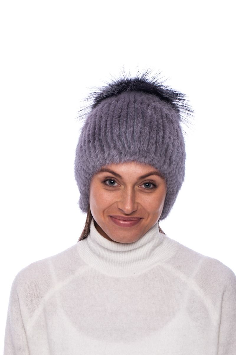 Grey Knitted Hat with Mink & Fox Fur