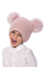 Load image into Gallery viewer, Knitted pink wool hat with pink fur pompoms // Megzta ruzavos spalvos vilnonė kepurė su kailiniais pomponais
