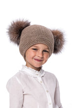 Load image into Gallery viewer, Knitted brown wool hat with raccoon fur pompoms // Megzta rudos spalvos vilnonė kepurė su natūralaus meškėno kailio pomponais
