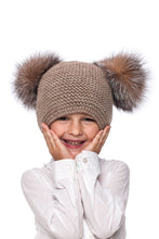 Load image into Gallery viewer, Knitted brown wool hat with raccoon fur pompoms // Megzta rudos spalvos vilnonė kepurė su natūralaus meškėno kailio pomponais
