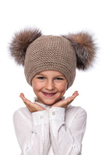 Load image into Gallery viewer, Knitted brown wool hat with raccoon fur pompoms // Megzta rudos spalvos vilnonė kepurė su natūralaus meškėno kailio pomponais
