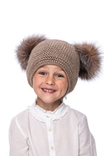 Load image into Gallery viewer, Knitted brown wool hat with raccoon fur pompoms // Megzta rudos spalvos vilnonė kepurė su natūralaus meškėno kailio pomponais
