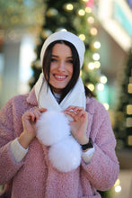 Load image into Gallery viewer, Knitted White Cashmere and Wool Hat &amp; Scarf Set with Pompoms
