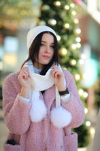 Load image into Gallery viewer, Knitted White Cashmere and Wool Hat &amp; Scarf Set with Pompoms
