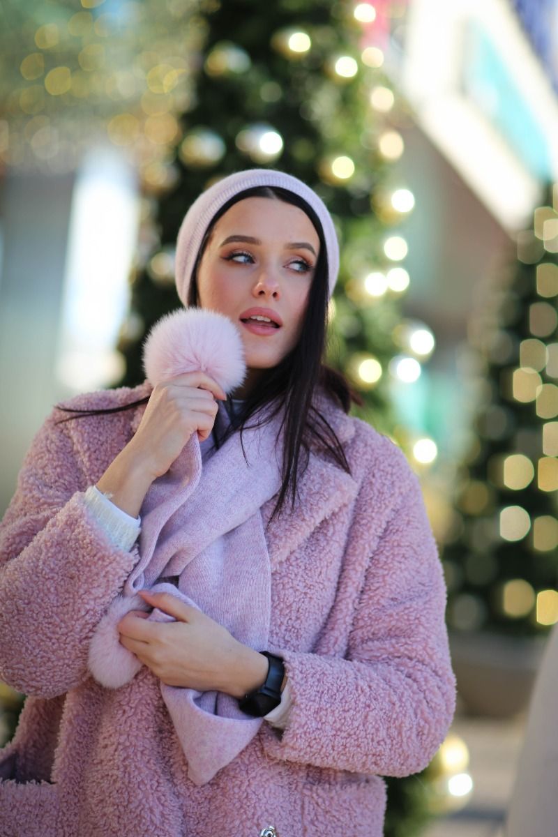 Knitted Pink Cashmere and Wool Hat & Scarf Set with Pompoms