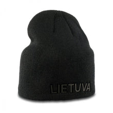 Load image into Gallery viewer, Black fall/winter hat with engraved Lietuva // Juoda rudeninė/žieminė kepurė su užrašais Lietuva
